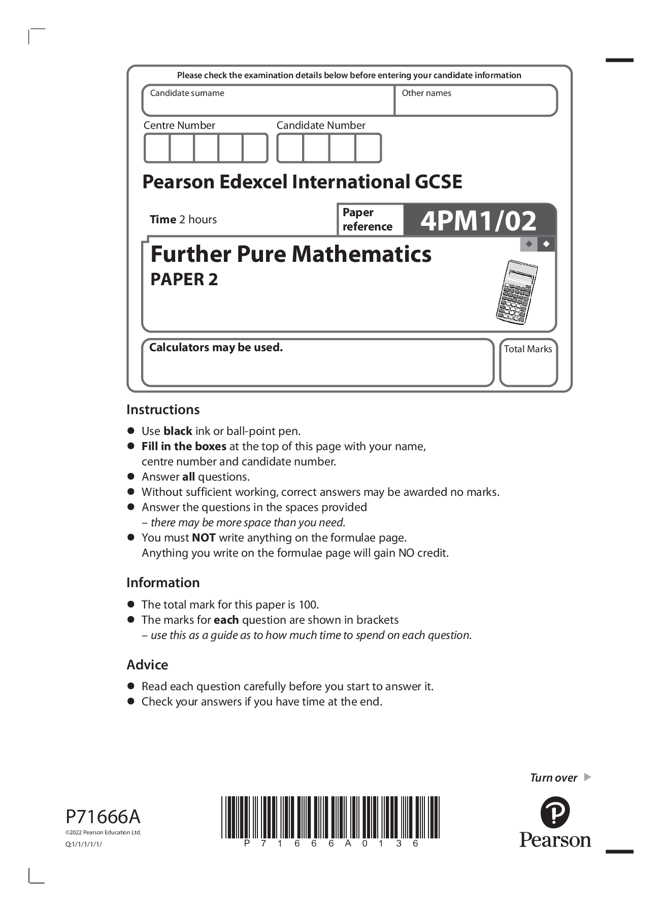 Preview image for 2022 pearson june booklet + mark scheme Pearson Edexcel International GCSE 4PM1/02 Further Pure Mathematics PAPER 2